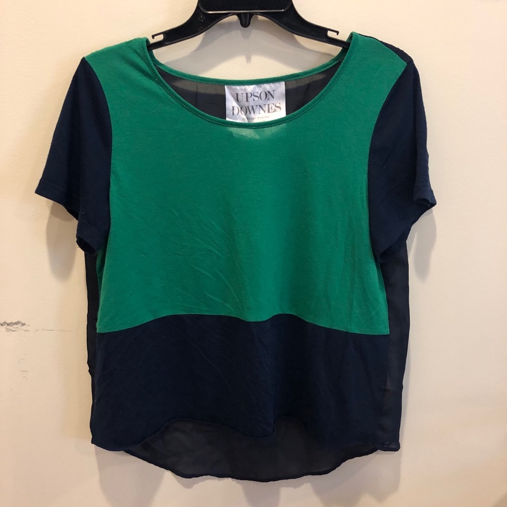 Upson Downes Green and Navy Top with Sheer Back